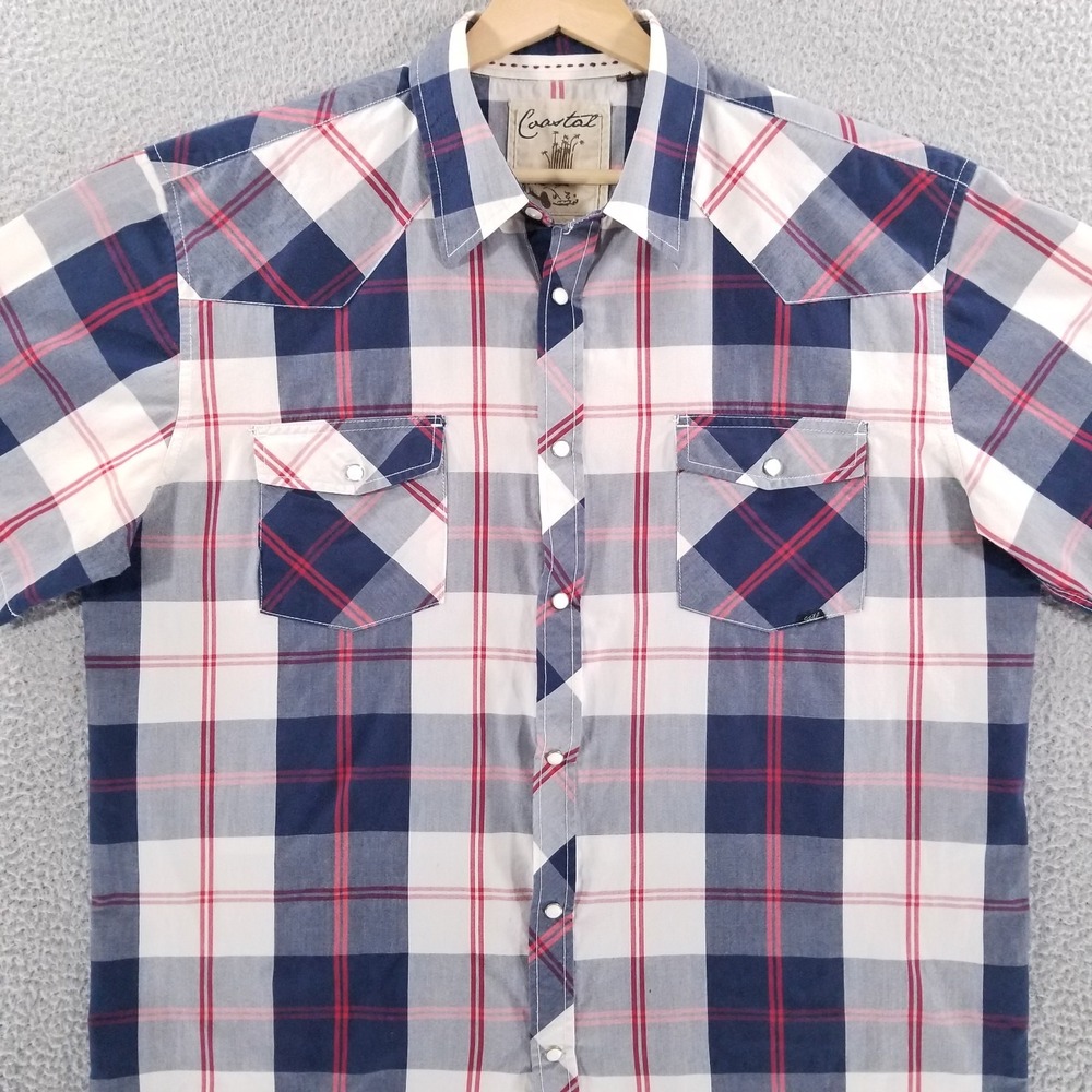 Coastal Pearl Snap Shirt Mens 2XL Blue Red Plaid Western Short Sleeve